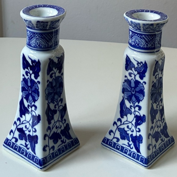 Blue and White Floral Ceramic Candle Holders